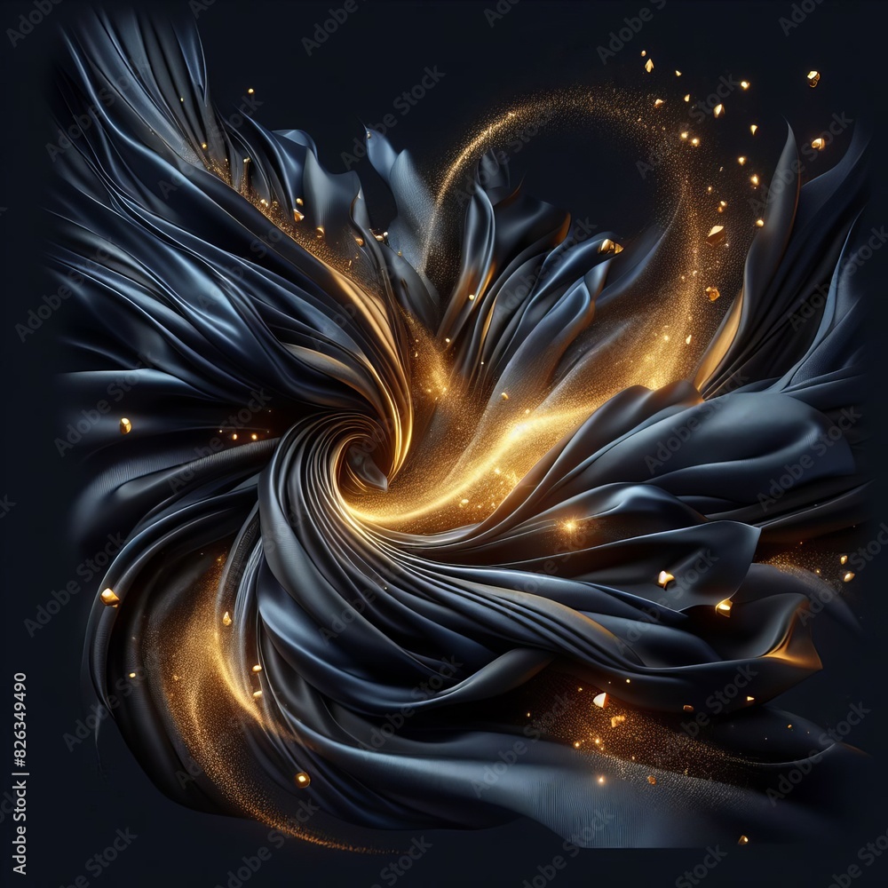 Poster stunning abstract design featuring a swirling golden and black pattern with glowing particles, ideal