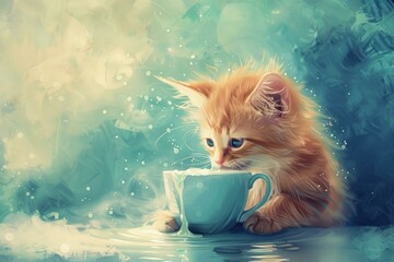 Adorable ginger kitten stares at a teacup, portrayed in a whimsical, colorful art style