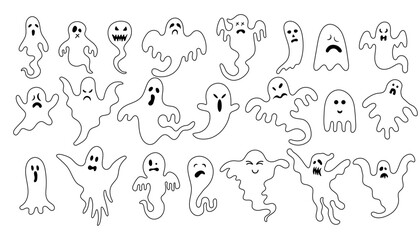 Set of Halloween Ghost Silhouette with scary faces. Abstract Collection of mystical evil Halloween spirits. Vector Illustration isolated on White Background