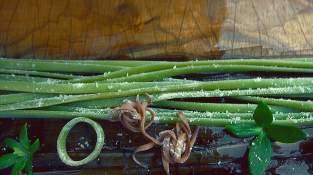   A group of green beans rests on a wooden table alongside two more green beans positioned on top of the same table