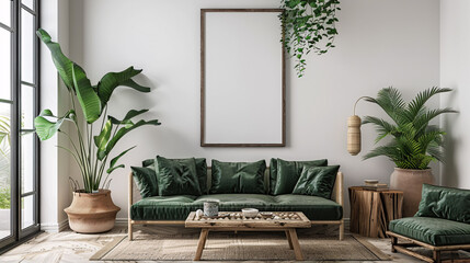Blank white wall in a modern apartment with a comfortable lounge area and green plants