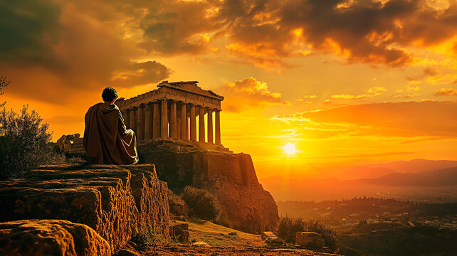 An ancient Greek philosopher at temple ruins in a reflective moment during sunset. Philosopher contemplating at sunset.