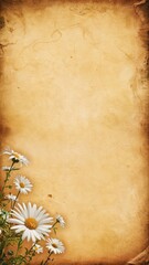 A daisy rests on a textured, brown parchment background, creating a vintage and natural aesthetic.