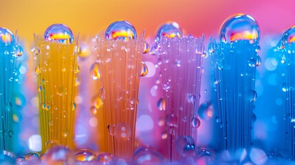 Close-up of toothbrush bristles with colorful hues and water droplets, AI-generated.