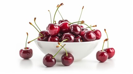 Fresh cherry berries in a bowl on a white background. The concept of a healthy diet and support for local producers. Close-up.