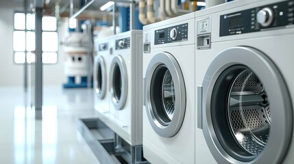 High-efficiency laundry system using water recycling technology, with digital control panel, set in a high-tech utility room, Cool Tones, Digital Art