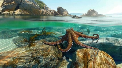   Octopus perched atop rock by water's edge, surrounded by rocks and vegetation