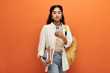 Young indian woman holding a backpack, looking at her phone.