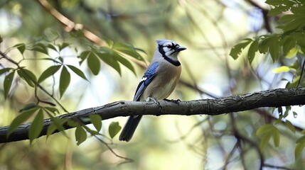  Blue jay perched on green leafed tree branch against azure sky