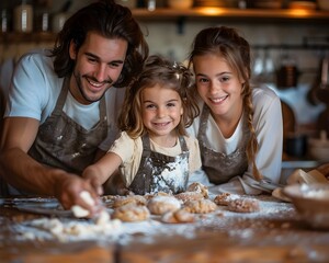 Fototapeta premium Family Bonding Through Homemade Cookie Baking Session with Kids Learning Culinary Skills