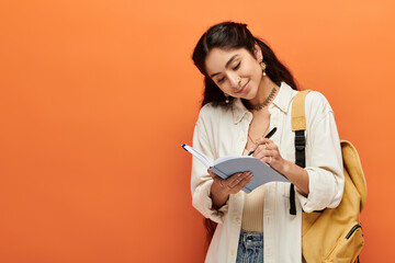 Young indian woman actively writing in notebook against bright orange background.