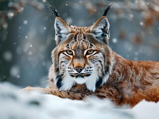 Obraz premium Majestic Lynx Surveying Snowy Forest Landscape Watchful and Cautious Predator in Serene Winter Wilderness