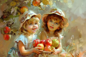 Two children with a basket of fresh apples, symbolizing harvest and joy