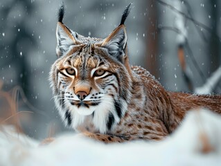 Obraz premium Watchful Lynx in Snowy Forest Captivating Wildlife Portrait with Copy Space