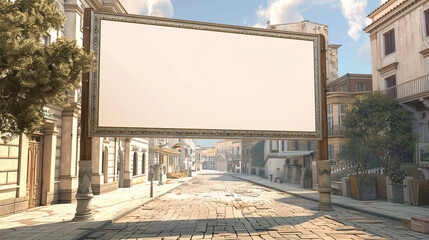 Blank billboard on a classic European street, 3D rendered, perfect for targeted local advertising.