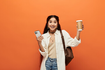 A young indian woman holds a cup of coffee and a phone against an orange background.