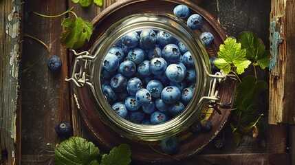  Metal bowl of blueberries on wooden table near leafy green plant - Powered by Adobe