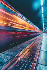 A train speeding past a platform, with the train itself slightly blurred and the platform details in sharp focus, giving a sense of the train's rapid motion. 