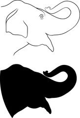 Elephant head, vector outline and silhouette of elephant
