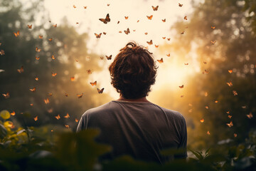 Generative AI illustration happy yoga person enjoying medication in natural wild conditions beautiful view