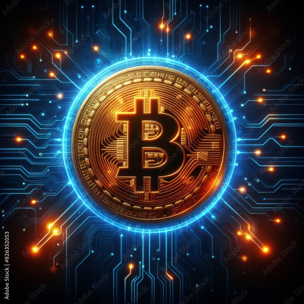 Poster digital artwork of a glowing bitcoin surrounded by vibrant blue and orange circuitry, symbolizing di