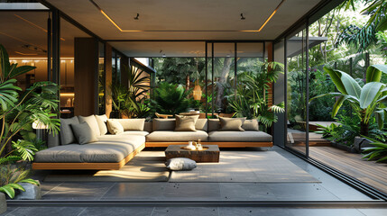 Contemporary home interior with a stylish sofa, green plants, and wooden furniture