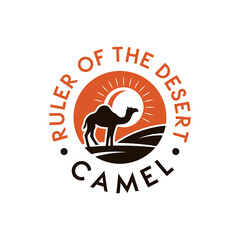 camel logo with modern emblem design and desert background for brand identity