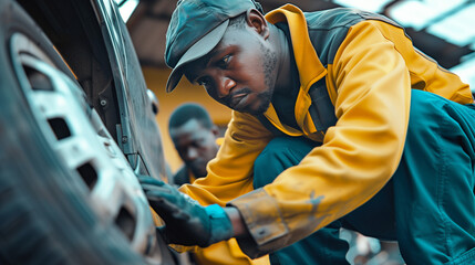 Repairman fixing a tire leak on a car while the customer watches, highlighting attentive customer service and professional repair work.