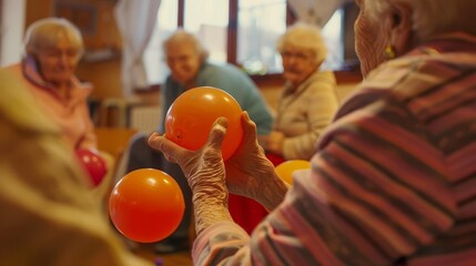 Elderly person engaging in a fun activity with a group at a senior center, lively and engaging atmosphere