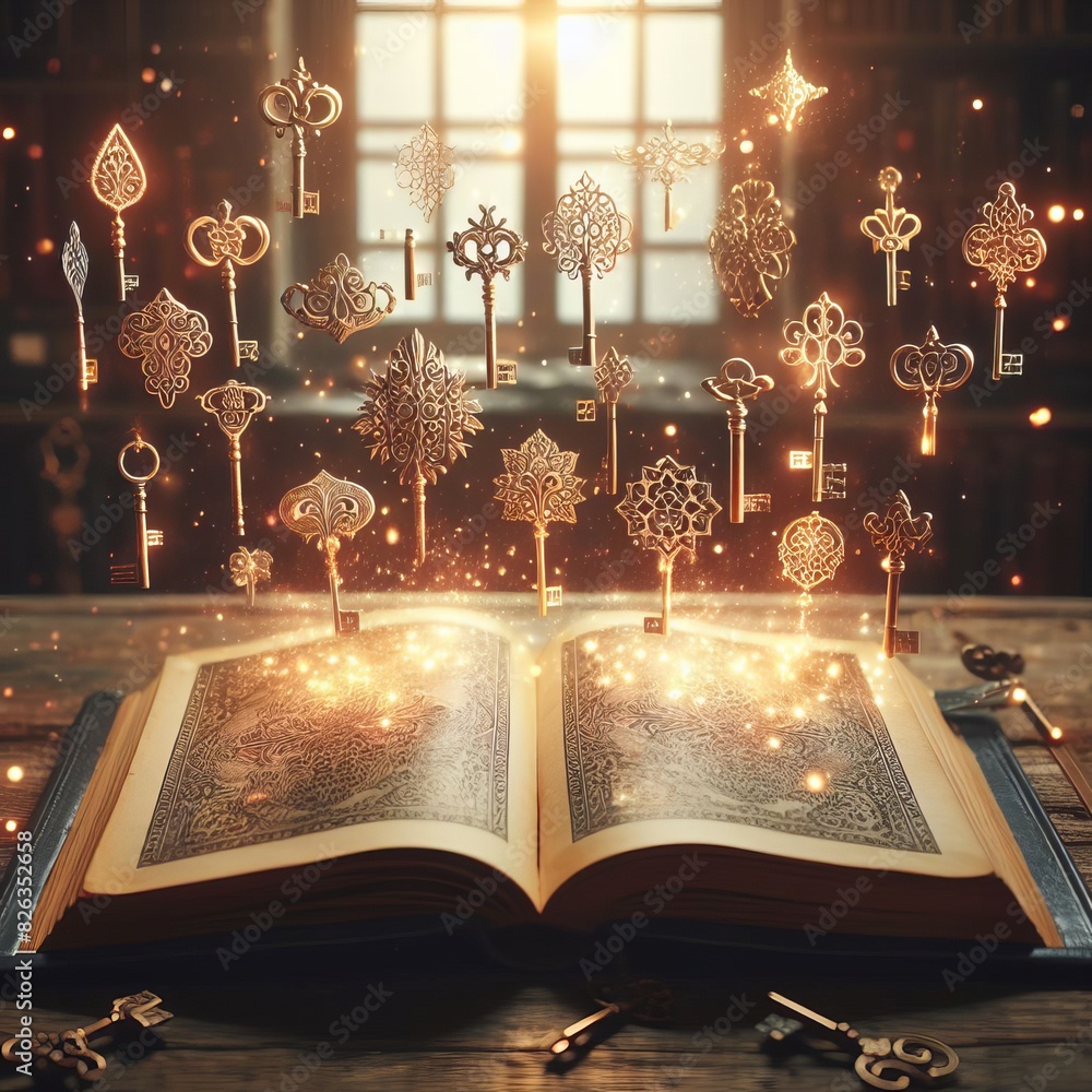 Poster an open book emits glowing, ornate keys in a magical library setting, evoking a sense of wonder and 