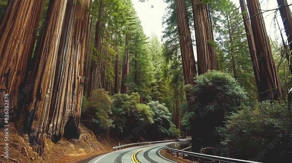 Poster a forest road with towering trees on either side and a central yellow stripe