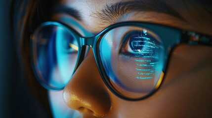 Closeup of a Female IT Professional's Face with Glasses Reflecting Computer Code in a Dark Room for a High-Tech and Intense Atmosphere