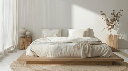 Elegant minimalist bedroom featuring a low platform bed, neutral bedding, and minimal decor, serene and stylish