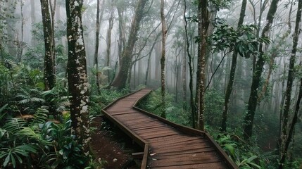 Obraz premium A wooded trail meandering through a lush green landscape with towering trees and abundant flora on either side