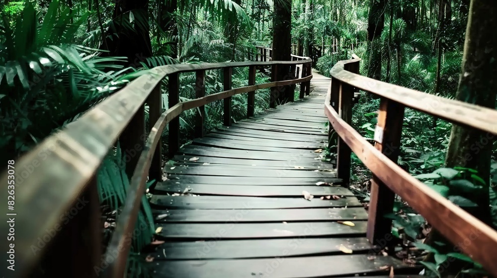 Poster wooden path surrounded by greenery on either side within a forest
