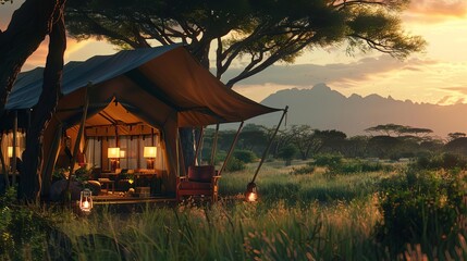 Extravagant safari experience in a plush tented camp, surrounded by wildlife and breathtaking landscapes, detailed and immersive