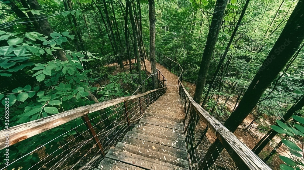 Poster a staircase in a dense forest with trees lining both sides and a bench nearby