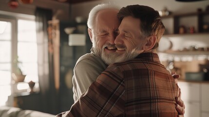 An Adult Son and Senior Father Indoors at Home

