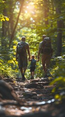 Family Bonding During Outdoor Adventure Through Lush Forest Trail