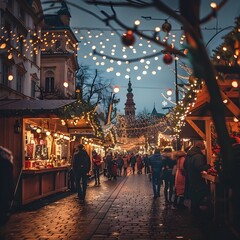 Festive Christmas Market in Vibrant City Square with Twinkling Lights and Bustling Crowds