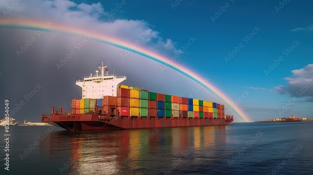 Wall mural colorful image featuring a large cargo ship loaded with containers under a double rainbow in a clear