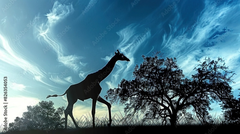 Sticker a silhouette of a giraffe against a blue sky with wispy clouds