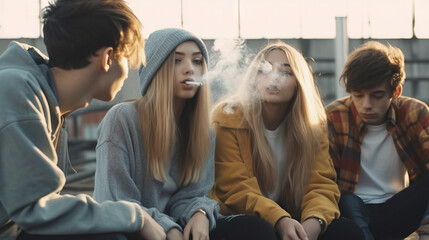 Four young individuals sitting and relaxing together; one person is exhaling vapor from an e-cigarette