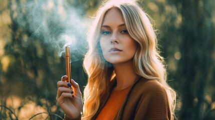 Obraz premium An attractive blonde woman is exhaling smoke while holding an e-cigarette outdoors in natural sunlight