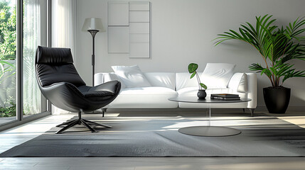 Contemporary living room with a green plant, white sofa, and modern decor, wooden floor