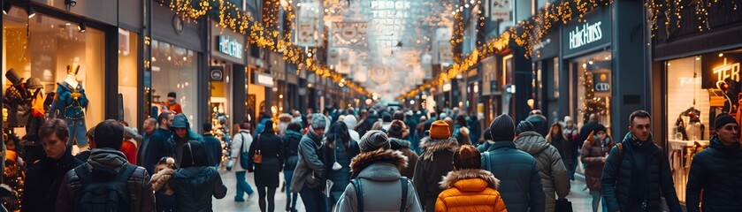 Naklejka premium Buzzing Holiday Shopping Frenzy in Vibrant Urban Marketplace During Festive Season