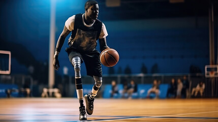 An athlete with a prosthetic limb showing skillful ball handling on a basketball court