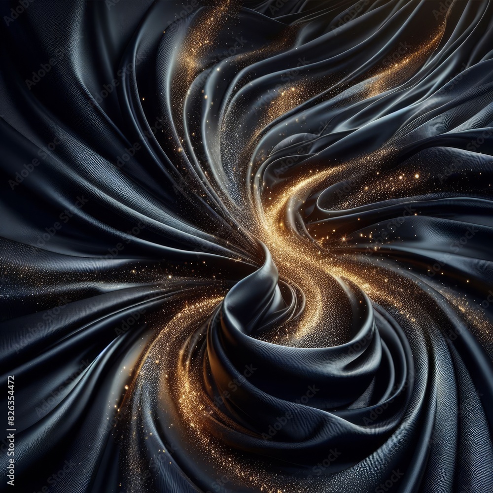 Poster a mesmerizing golden spiral forms within the folds of a luxurious, silky dark fabric, shimmering wit