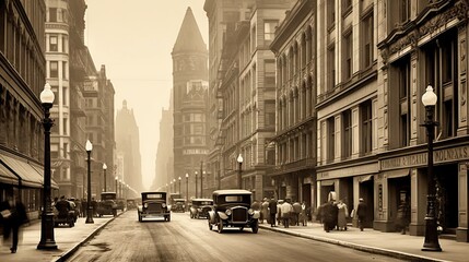 Sepia-toned image of a historical urban scene with classic cars and architecture
