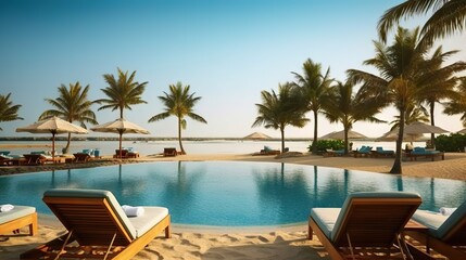 A serene tropical beach resort with a beautiful pool, sun loungers, umbrellas, and tranquil ocean in the background